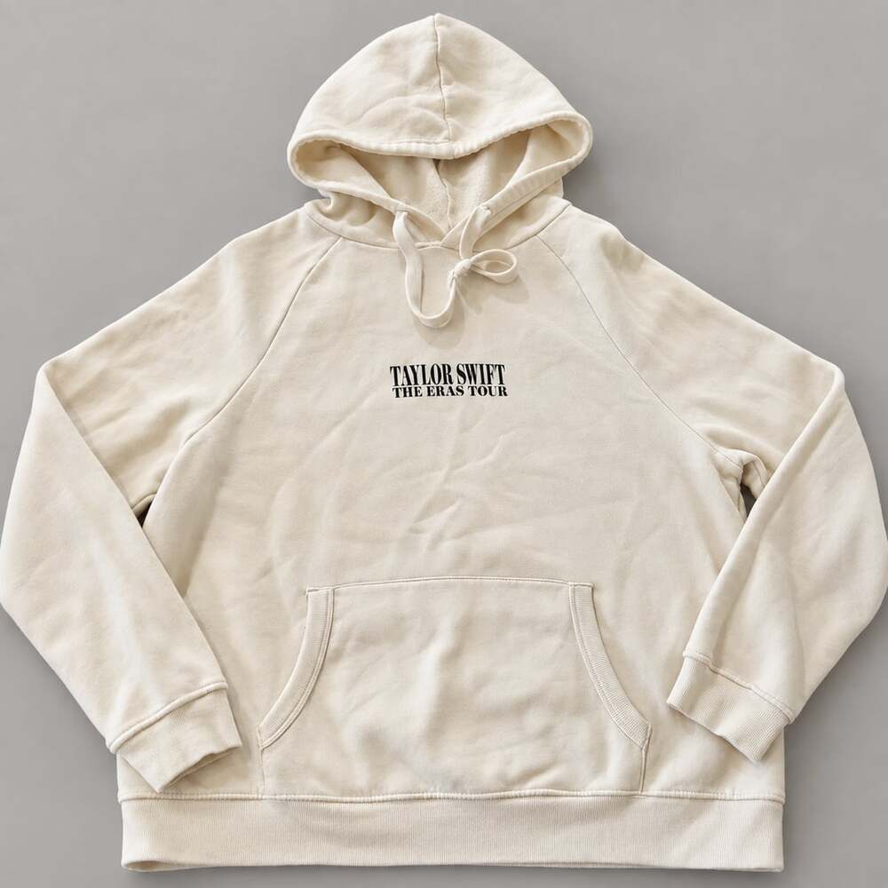 Taylor Swift The Eras Tour Hoodie Size L Cream Collage Graphic Pullover (p1)